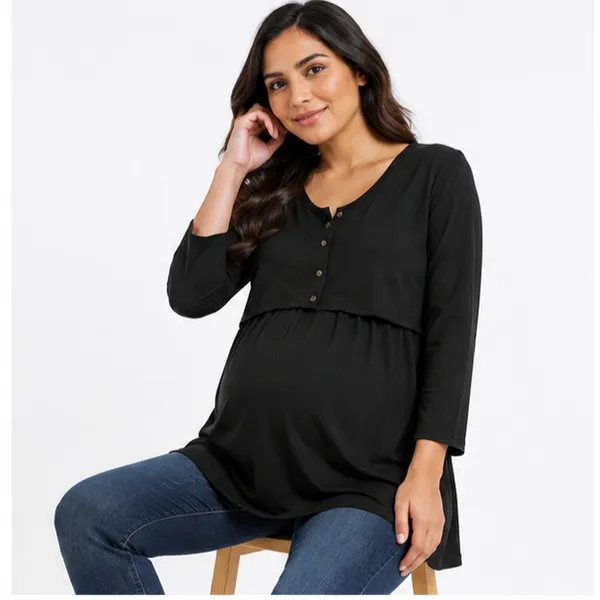 Times Two Maternity Womens Nursing Top Size L Black Double Front 3/4 Sleeve - Image 3