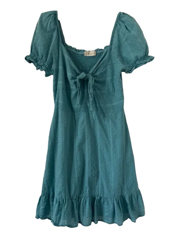 Altar'd State Swiss Dot Smocked Tie-Front Mini Dress Teal Cottagecore Cotton Med - Image 2