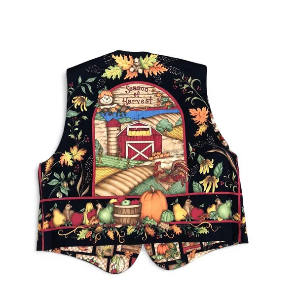 Vintage 90s Reversible Handmade Pumpkin Halloween Fall Vest Too Shirt Jacket Sleeveless Measurement in pics - Image 2
