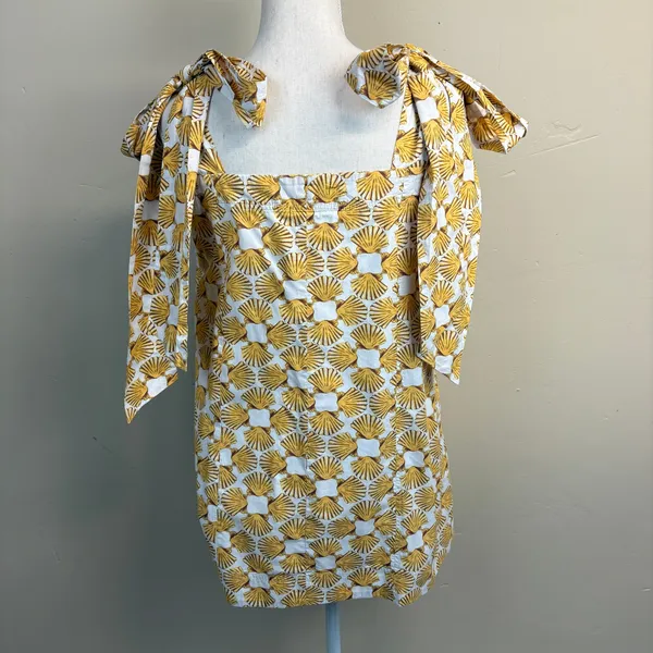 Anthropologie Maeve Yellow White Shell Print Tie-Strap Mini Dress Size L - Image 5