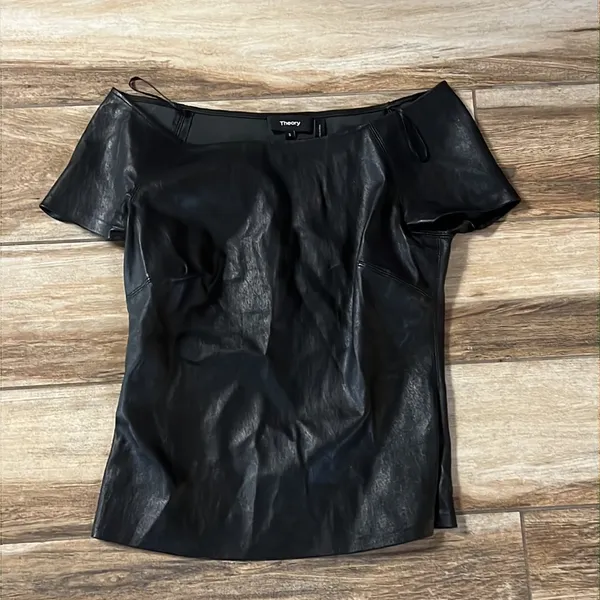Theory black off the shoulder leather top - Image 3