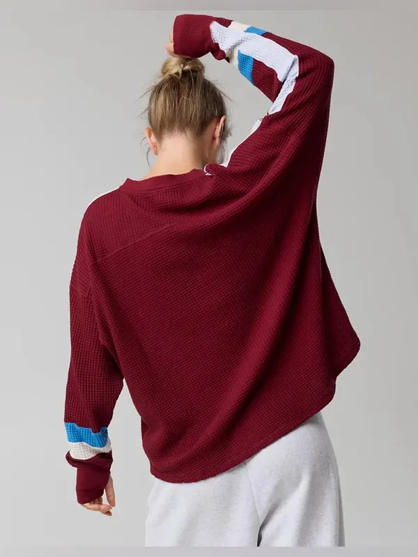 Offline by Aerie Waffle Knit Top XS Red‎ V-Neck Long Sleeve Colorblock Oversized - Image 2