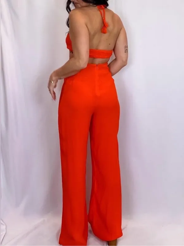 Olivaceous Cutout Halter Wide-Leg Jumpsuit - Orange - Image 3