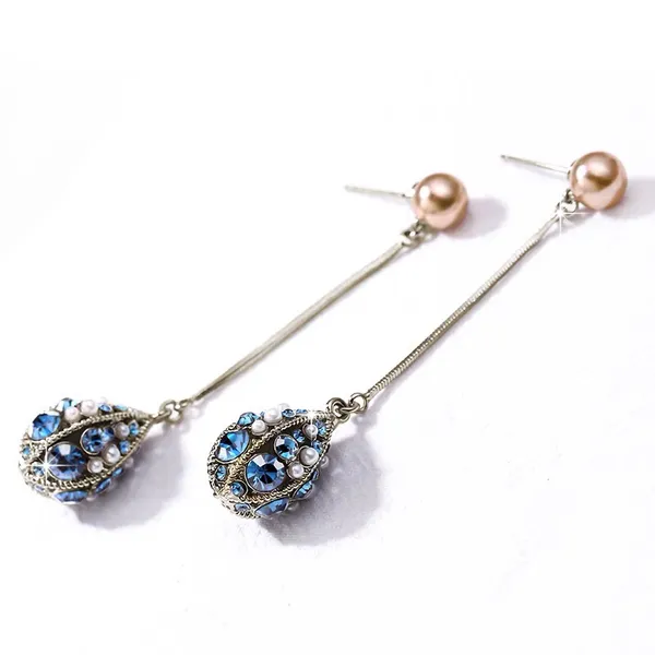 Women's Pearl Blue Crystal Long Tassel Dangle Drop Earrings - Image 5