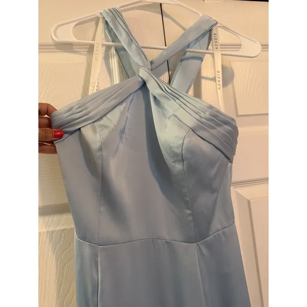 Azazie Rue Sky Blue Mermaid Pleated Metallic Satin Dress A6 Size 6 New with Tags - Image 5