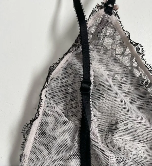 Victorias Secret Body Suit Nighty Thong Lace Plunge Neck Corset Lace Up Black - Image 12