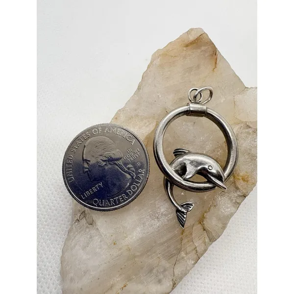 Vintage‎ Sterling Silver Dolphin Pendant Circle Hoop Nautical Ocean Jewelry 925 - Image 3