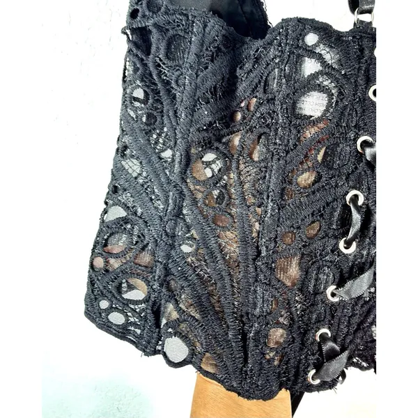 Black Lace Corset Top Bustier Lace Up Back Strappy Crop Tank Women's Size M⁠ - Image 6