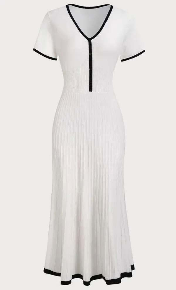 Rihoas Women's White Contrasting Sweater Midi Dress - Image 7