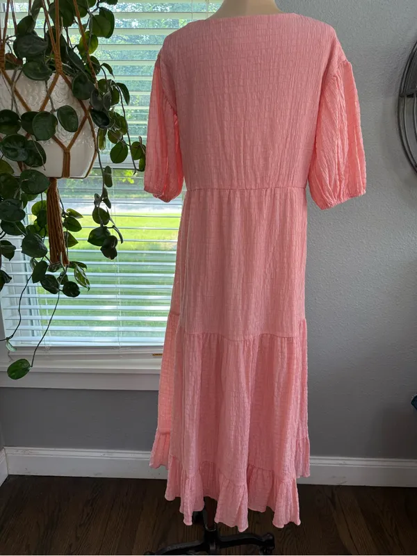 Sabo Skirt Pink Textured Tiered Midi Dress Puff Sleeve V-Neck XS - Image 8