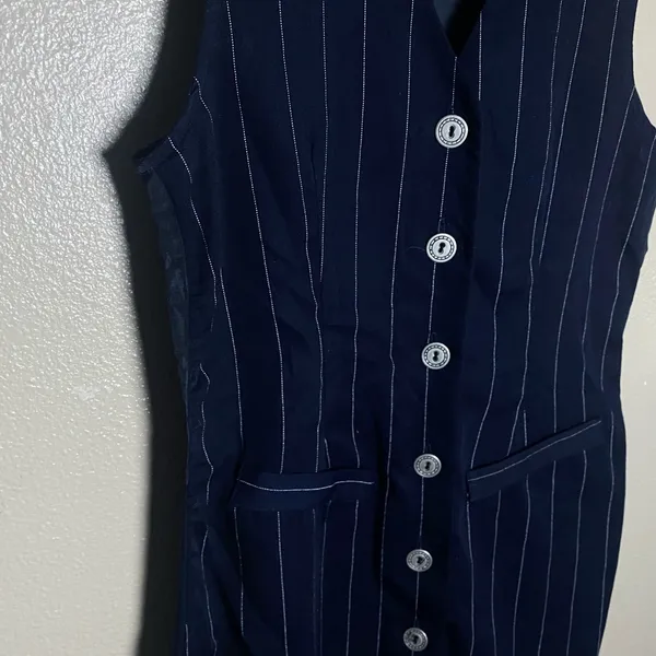 A Byer California navy blue pinstripe tailored mini vest dress v neck 90s size 5 - Image 3