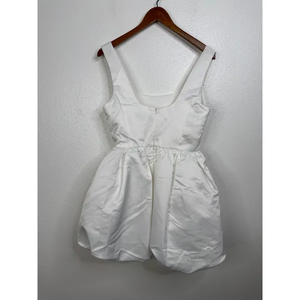 Lulu's Regal Cutie White Satin Square Neck Bubble Hem Mini Dress‎ Size Medium - Image 3