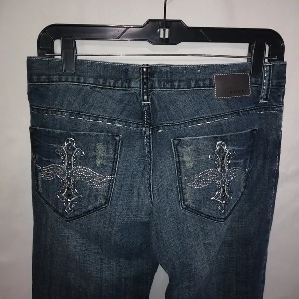 Petrol Sterling 31x33.5 Low Rise Bling Cross Wing Jeans - Image 5