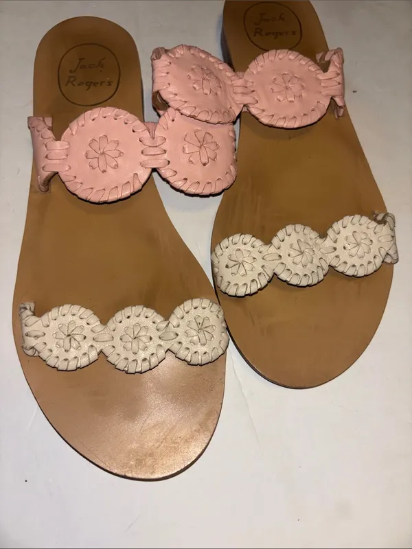 Jack Rogers Pink And Off White Leather Straps Floral Design Size 7.5 Preloved - Image 2