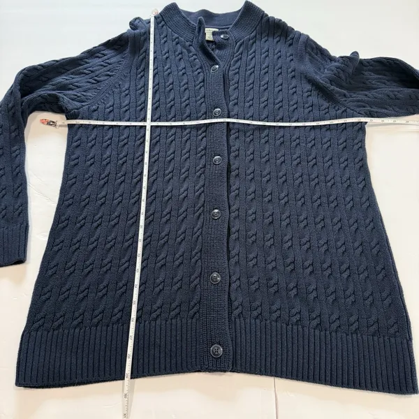 LL Bean Navy Blue Cable Knit Cotton Button Up Cardigan Sweater Size XL - Image 6