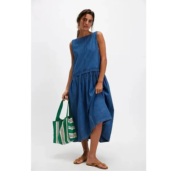 Free People XL Retro 90s Soraya Light Denim Sky Drop Waist Midi Jumper Dress - Image 9
