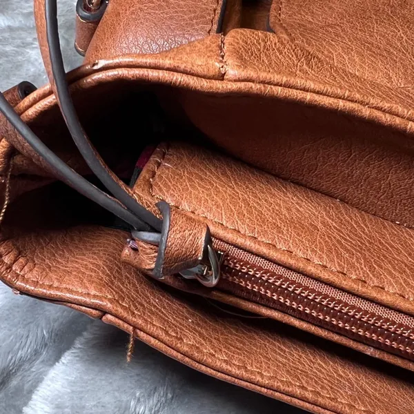 Call it spring Vintage Style Tan Faux‎ Leather Satchel Bag Plaid Lining Handle Shoulder Strap - Image 7