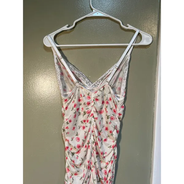 Women's Sz Medium Lace Edge Floral Print Slip Dress White Pink V-Neck Sheer Mini - Image 9