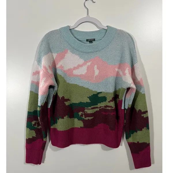 Wild Fable Y2K colorful mountain scenic sky knit crewneck sweater Sz L - Image 2