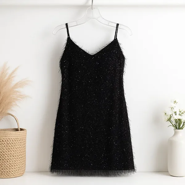 Main Strip NEW Black Lurex Fringe Mini Dress Sparkly Sequin Party Cocktail L - Image 2