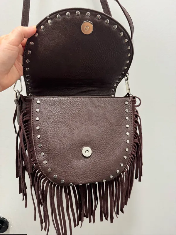 Brown faux leather Rodeo Fringe American Flag crossbody bag charming charlie - Image 4