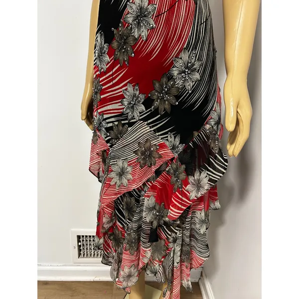 Y2K Jessica Taylor Red Black Floral Sequin Ruffle Midi Dress 286 NWT Medium - Image 3