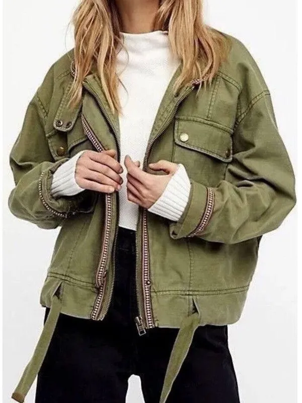 Free People Flight Line Women's Size S Olive Green Embroidered Bomber Jacket - Image 4