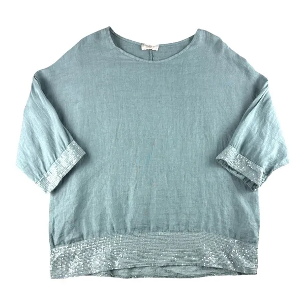 Bellambra Made in Italy Linen Sequin Trim Top Sage Green Relaxed L Large - Image 2