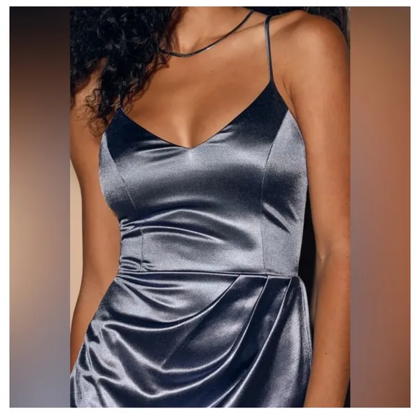 Lulu’s Slate Blue Forever Your Girl Satin Bodycon Dress Size Medium - Image 7