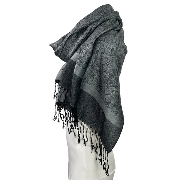 Pashmina Black Gray Paisley Colorblock Silk Fringe Wrap Shawl Neck Scarf OS - Image 2