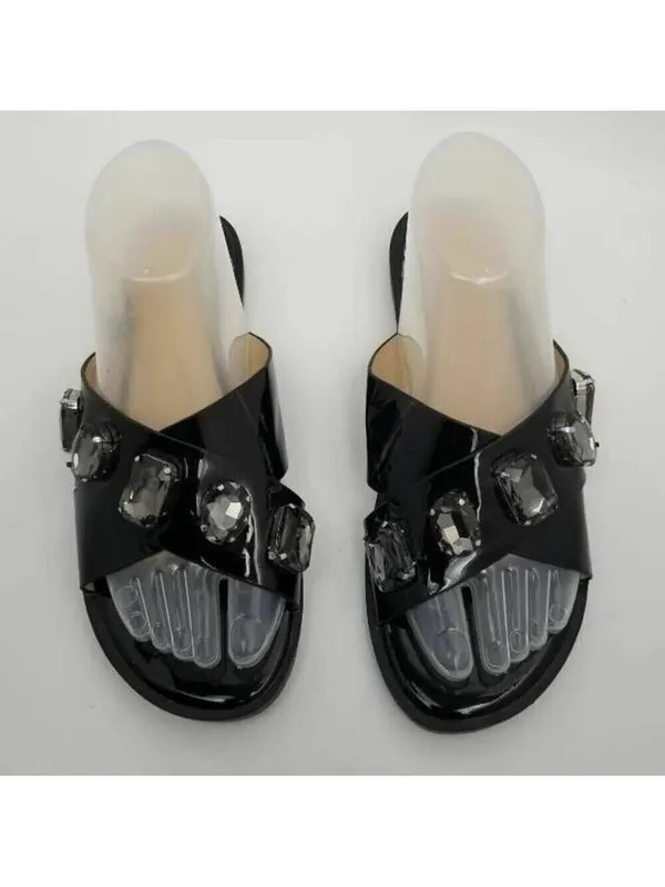 Womens Stone Jeweled Slip On Flat Slide Sandals Rhinestones Black Size 38 - Image 3