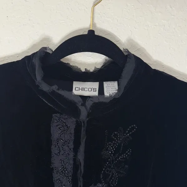 Chicos Black Silk Blend Velvet Beaded Lace Jacket Mandarin Collar Size 2‎ - Image 14