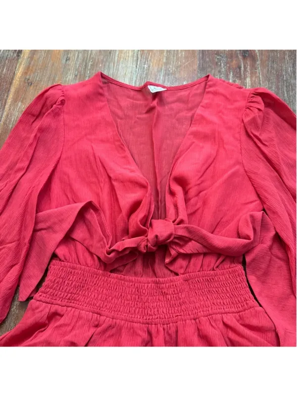 Angel Biba Red Tie Front Ruffle Tiered Mini Dress Long Sleeve Boho US S AU 8 - Image 2