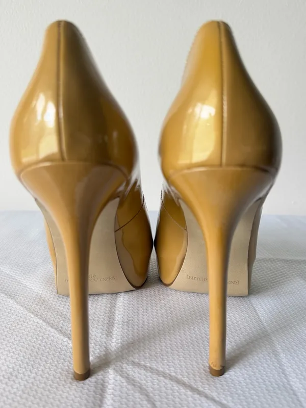 Enzo Angiolini Mustard/Beige Patent Peep Toe Stilettos - Image 3