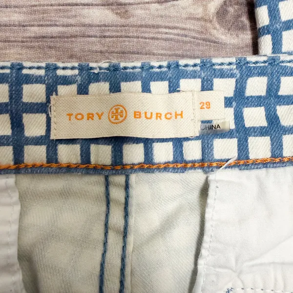 Tory Burch Blue Off White Checkered Straight Leg Cropped Side Zipper Pants 29 - Image 7