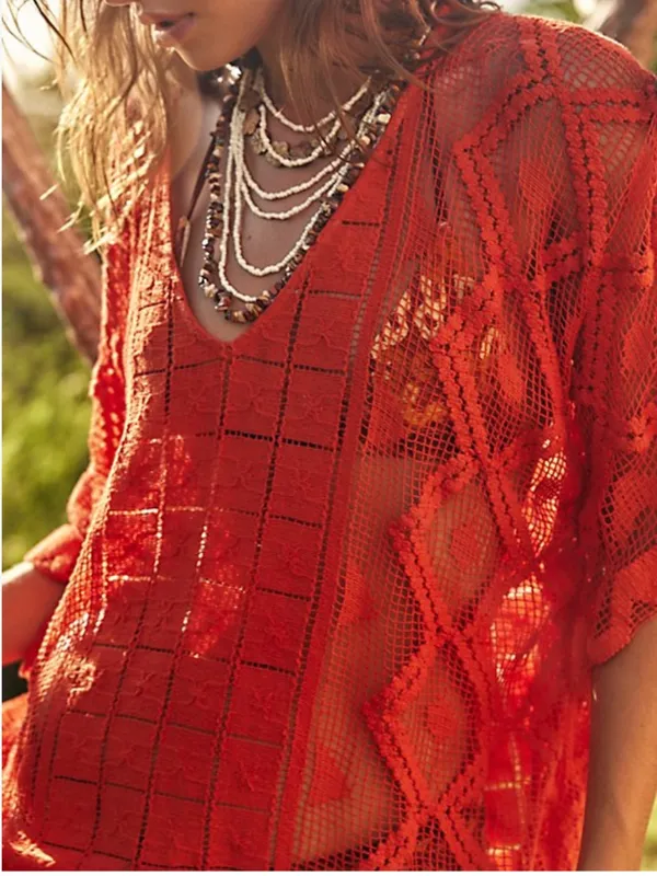 Free People Womens Sunshine Crochet Kaftan Poncho Coverup Red One Size Fits All - Image 2