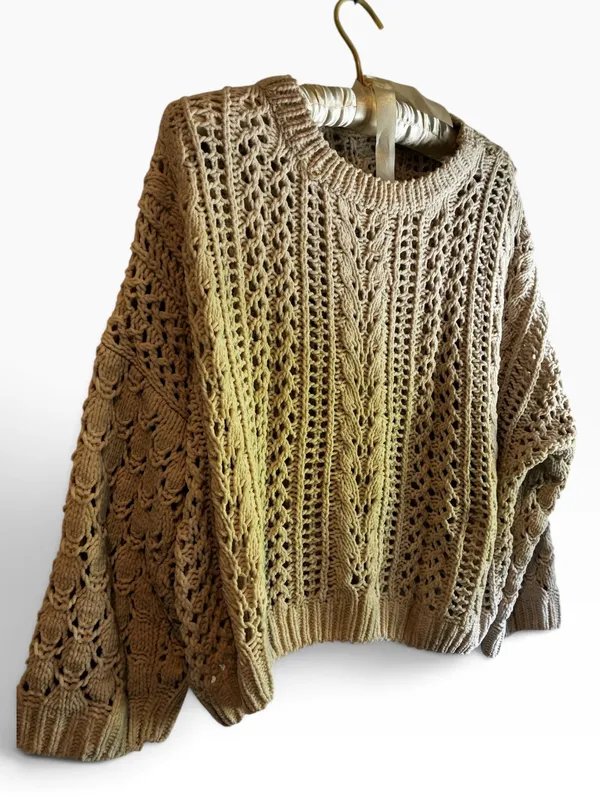 Women's Cream Openwork Crewneck Sweater. Layer Loose Fit - Image 5