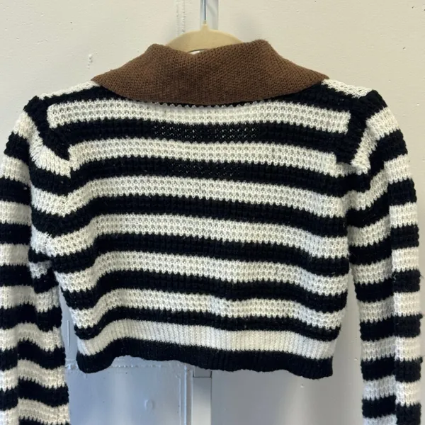 Storets Black White Striped Cropped Cardigan Brown Collar S/M Contemporary - Image 5