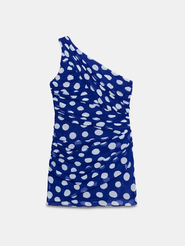 Women’s Blue Polka Dot One-Shoulder Dress - Image 2
