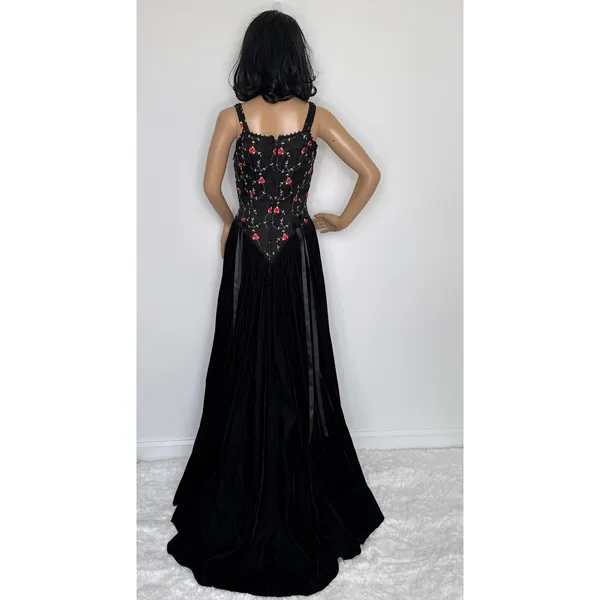 Late 80s Jeannie Nitro Gothic black velvet silk floral embroidered corset gown s - Image 5