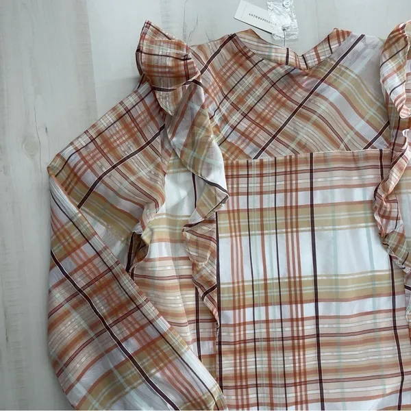 nwt ANTHROPOLOGIE current air ruffle plaid blouse top event work L - Image 5