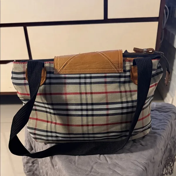Plaid Canvas Tote Bag with Tan Leather Trim - Image 4