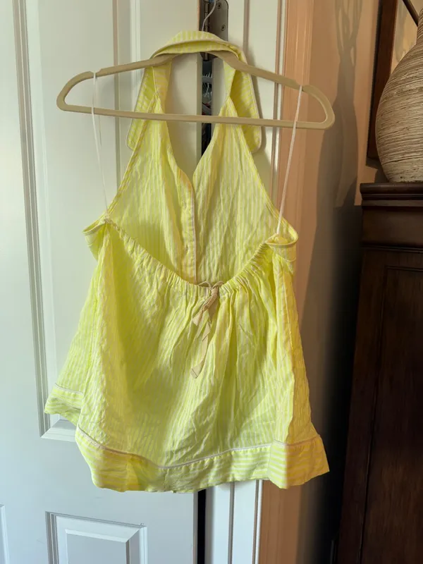 Anthropologie Button-Front Halter Swing Blouse yellow white stripe‎ halter top - Image 6