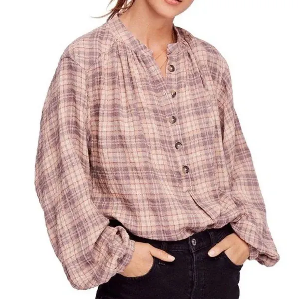 Free People North Bound Pullover Beige Plaid Women's Small - Image 7