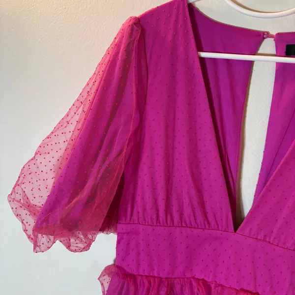 Lulus Dramatic Poise Magenta Pink Dot Tulle Puff Sleeve Tiered Mini Dress Size L - Image 4
