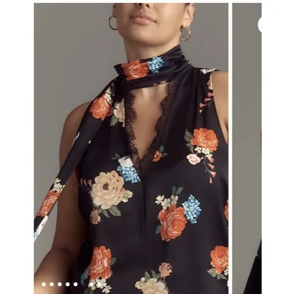 Anthropologie Black Floral Silky Halter Tank Lace Trim Sz XL Boho Romance NEW - Image 7