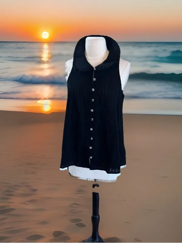 Black Cotton Sleeveless Flowy Button Up Blouse New - Image 3