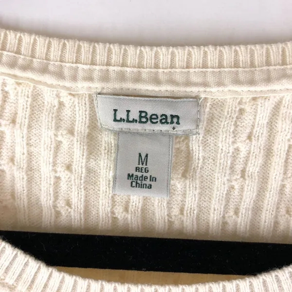 LL Bean Womens Sweater Cotton Wool Blend Cable Knit Scoop Knit Ivory M - Image 3