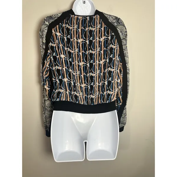 BCBGMAXAZRIA Harrison Mixed Print Bomber Jacket - Blue & Tan Abstract‎ - XS - Image 7