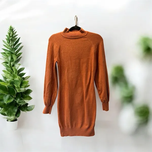 Exlura Mock Neck Long Lantern Sleeve Bodycon Pullover Mini Sweater Dress Medium - Image 2